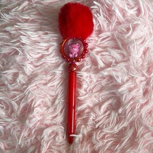 Red Fluffy Pom Pom Pen with Pink Bear Charm